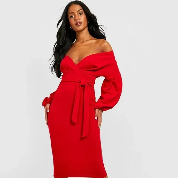 boohoo Off The Shoulder Wrap Midi Dress - Red - Size 20